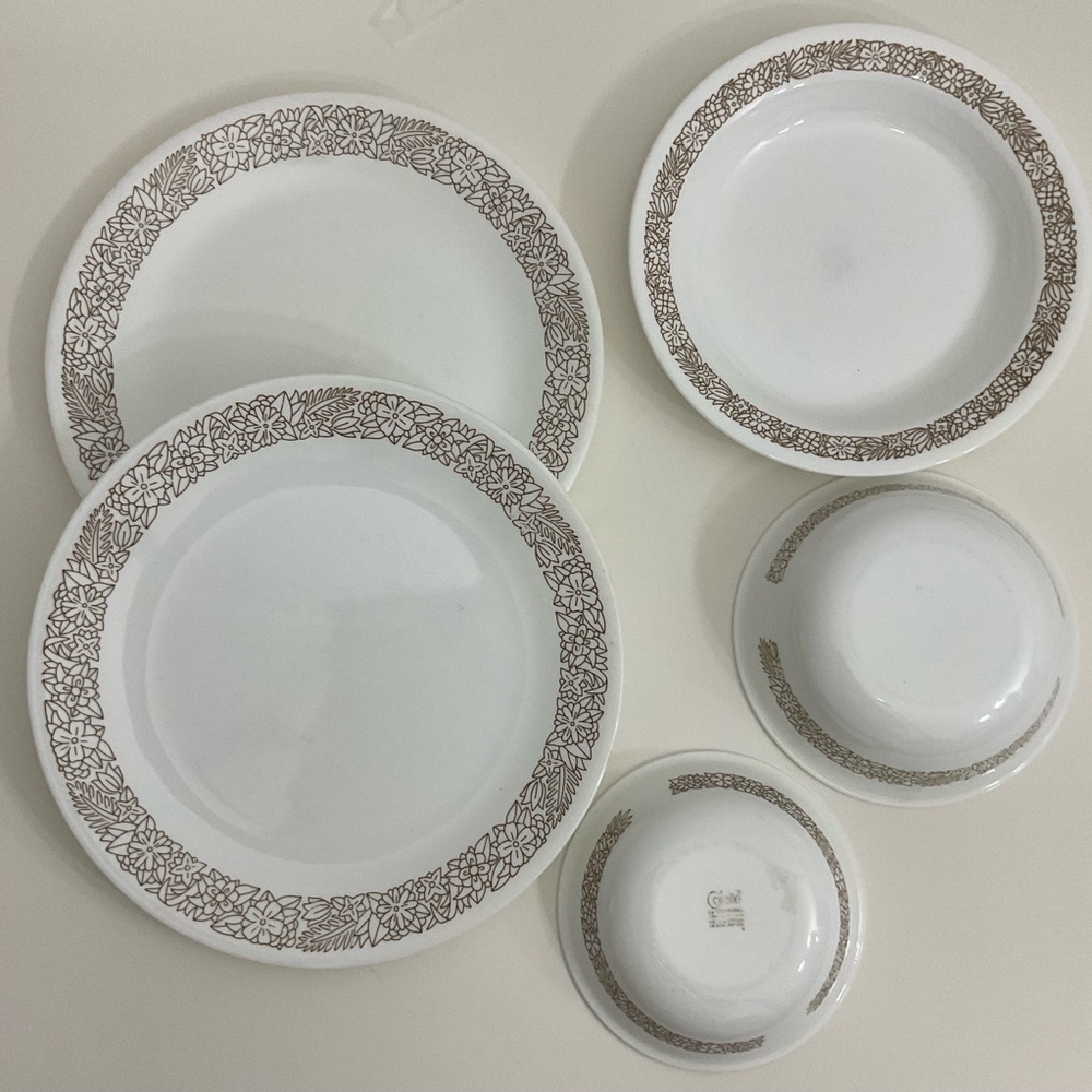 Corelle Woodland Brown dinner plates;one salad bowl; one cereal bowl; small bowl